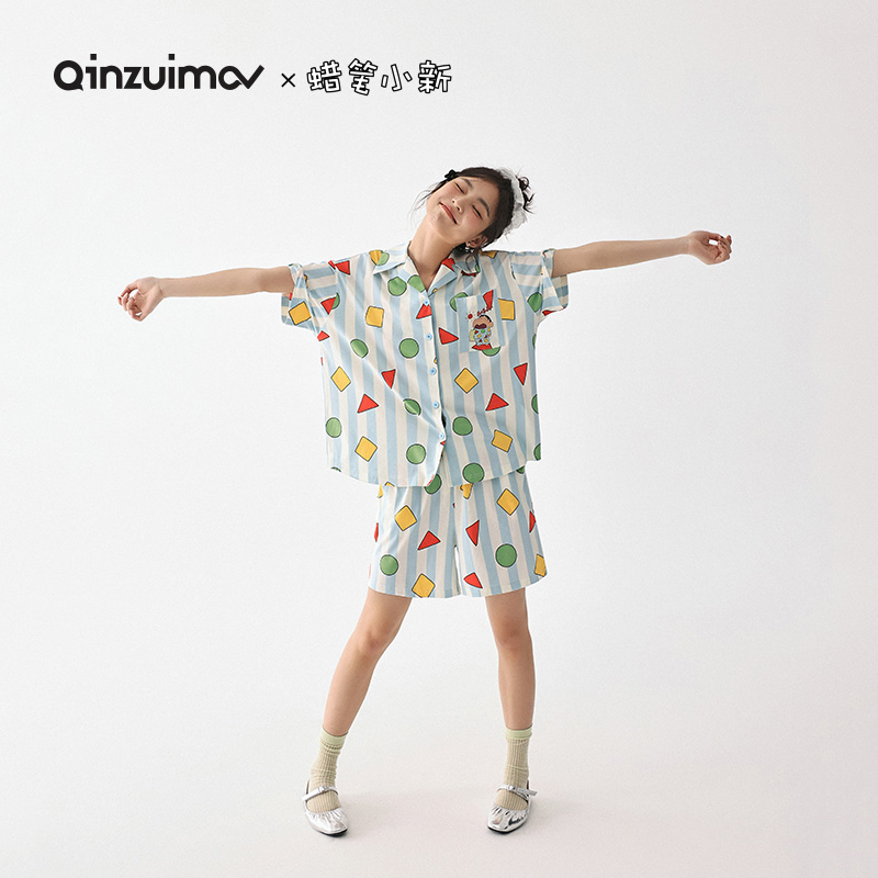 亲嘴猫【蜡笔小新】夏季凉感莫代尔棉短袖睡衣女条纹卡通家居服套装