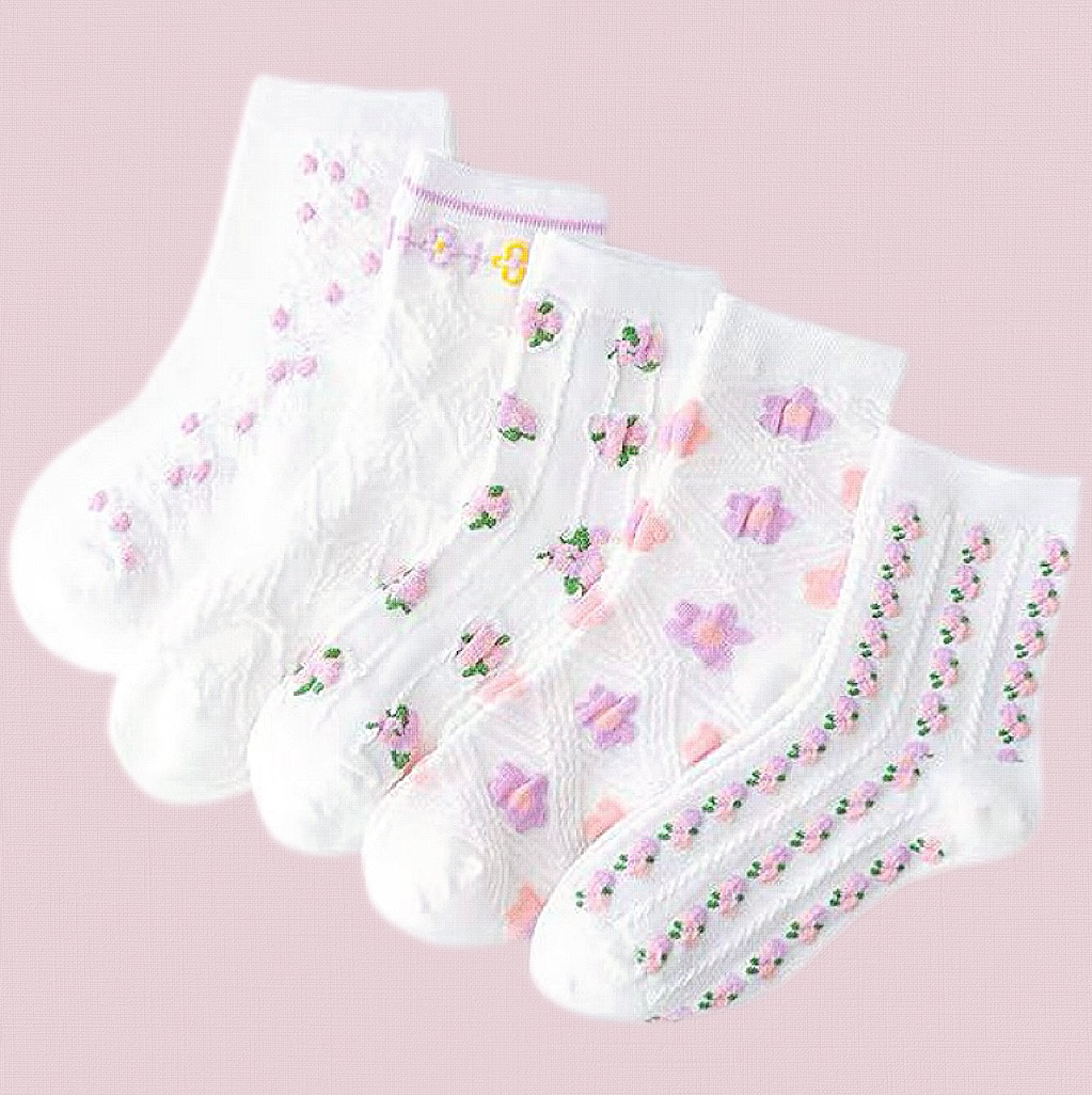  女中筒袜薄款浮雕森系ins风潮袜百搭白色系中筒女袜