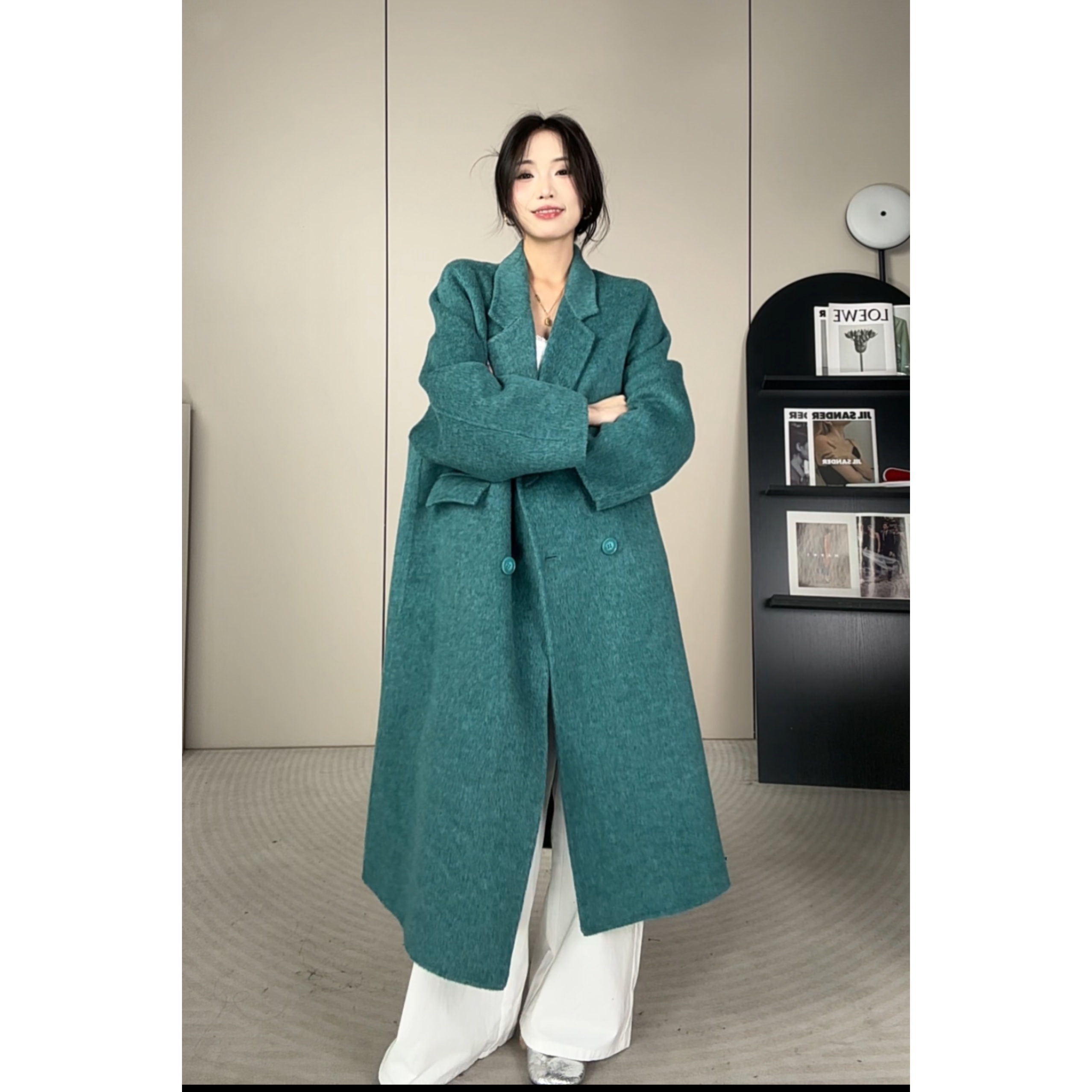 【L1002】韩系阔版2025冬新款西装领长款双面呢绵羊毛大衣