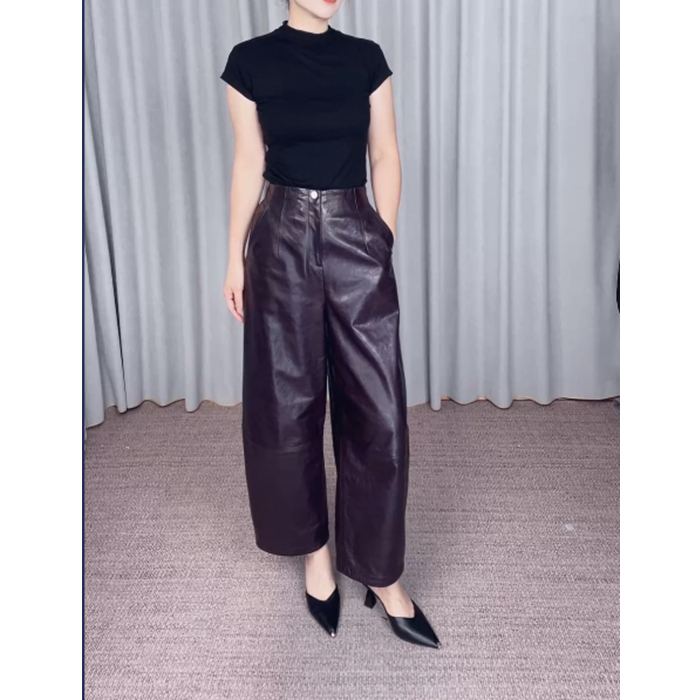 海宁秋冬新品植鞣油蜡翡翠绵羊皮时尚复古老钱风九分锥版裤皮裤女