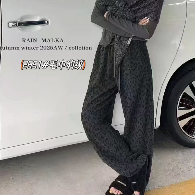 加绒豹纹印花显瘦阔腿休闲裤女秋冬新款