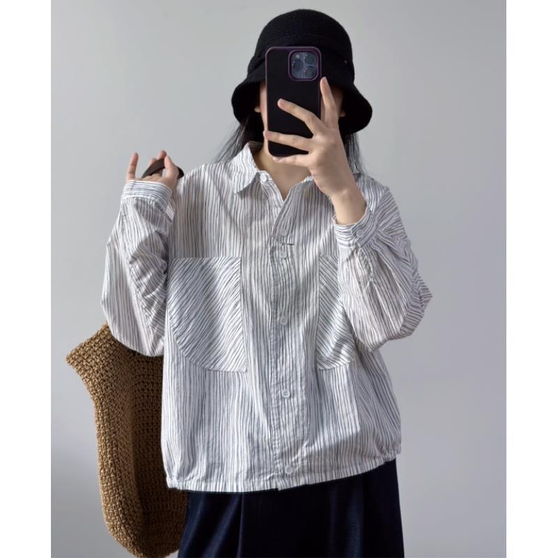 JF1035（聚水潭）条纹POLO领常规斜纹长袖衬衫韩版轻职风女士衬衫