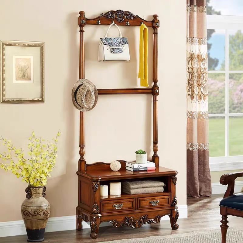 美式实木换鞋凳衣帽架美式卧室挂衣架落地衣架换鞋凳门厅置物架