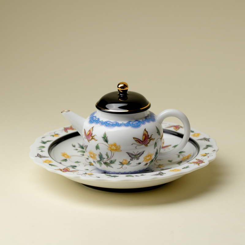 亘古金缘蝶绘陶瓷水平壶创意手工陶瓷茶壶中式描金泡茶器茶具