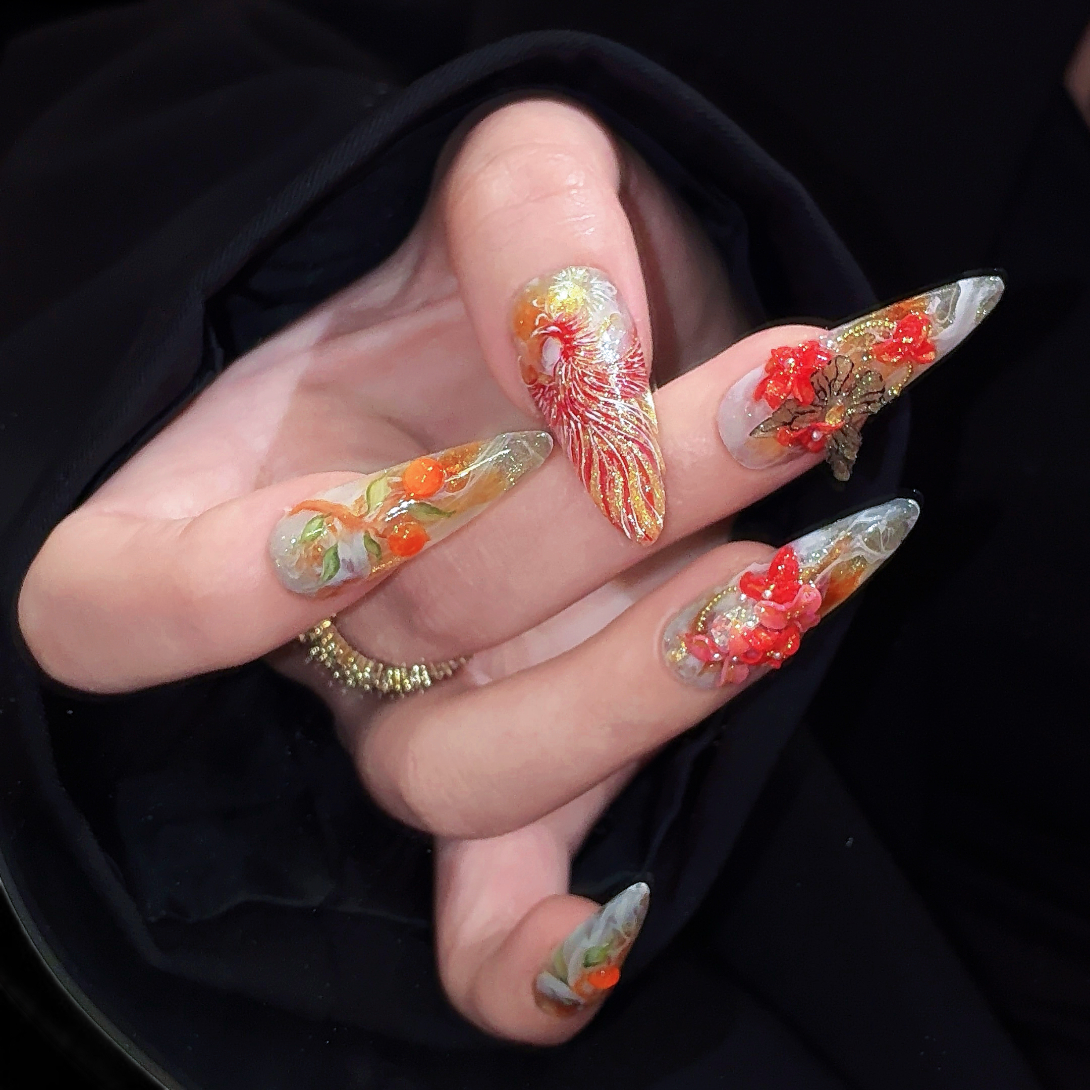 【涅槃】手绘凤凰立体雕花原创设计款美甲国风新中式中长款穿戴甲