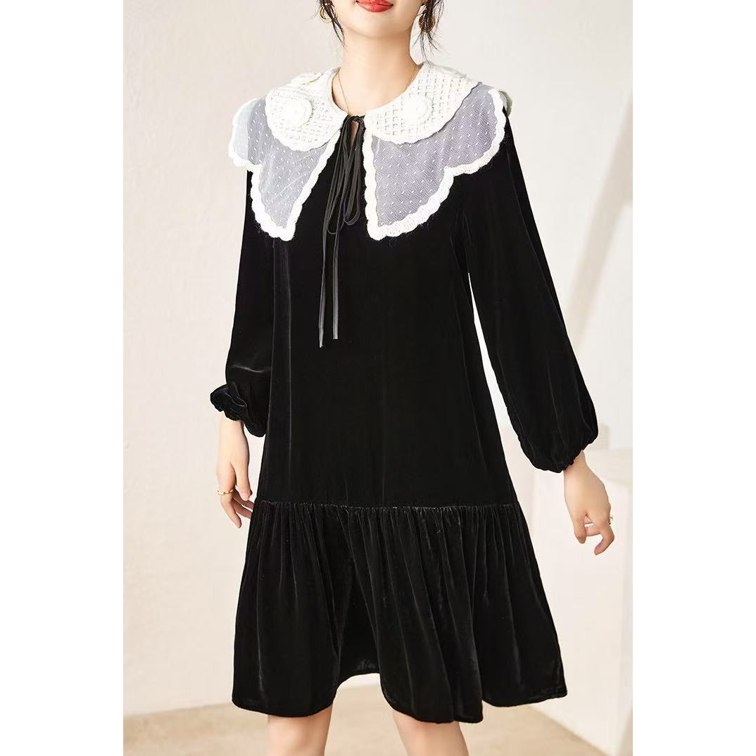 【丝芙玉禄】（S232）重磅100%真丝丝绒勾花娃娃领小众丝绒连衣裙