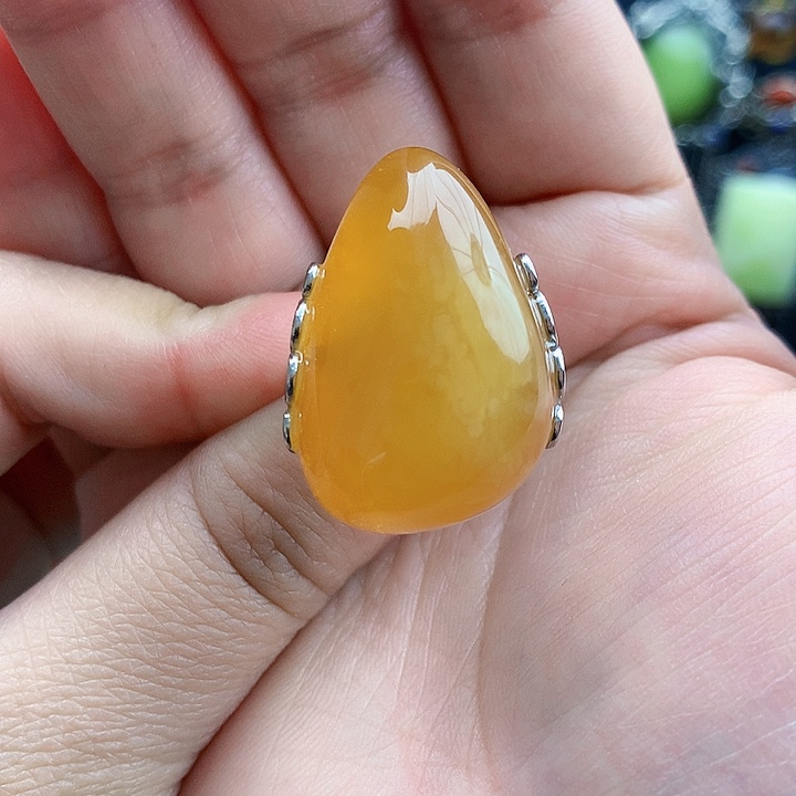 琥珀裸石银S925镶嵌戒指
