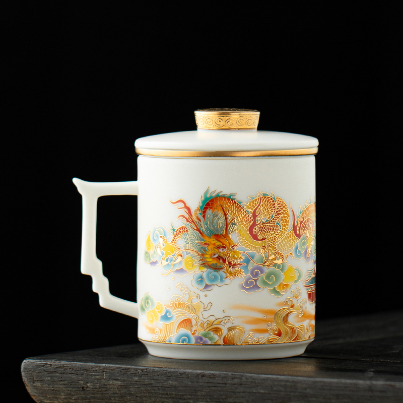 羊脂玉白瓷飞龙在天个人专用陶瓷过滤办公室泡茶水分离大号马克杯