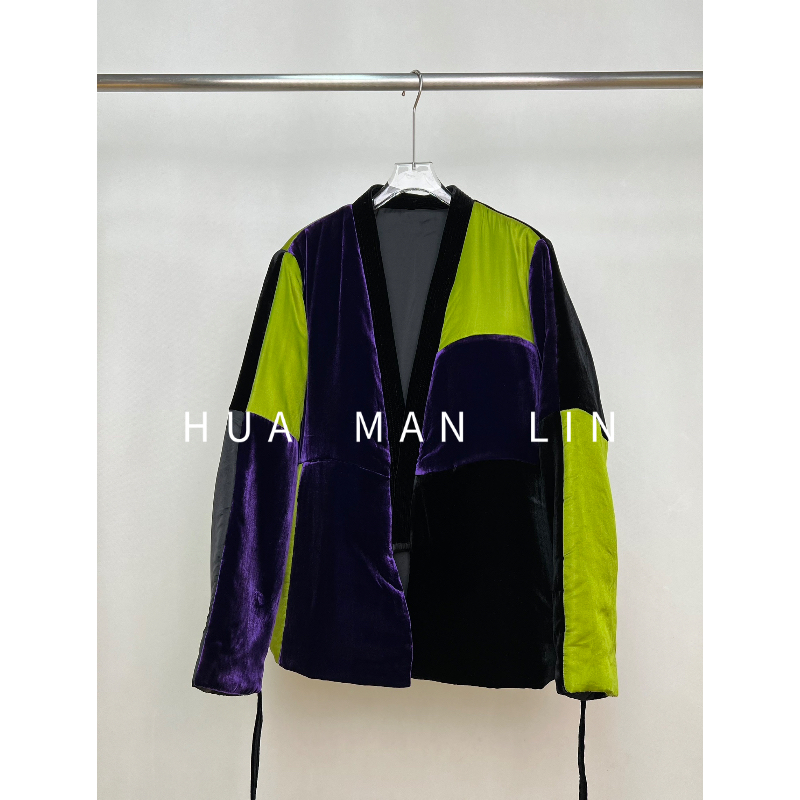 【花滿林】V领系带真丝桑蚕丝丝绒撞色拼接加厚外套66986