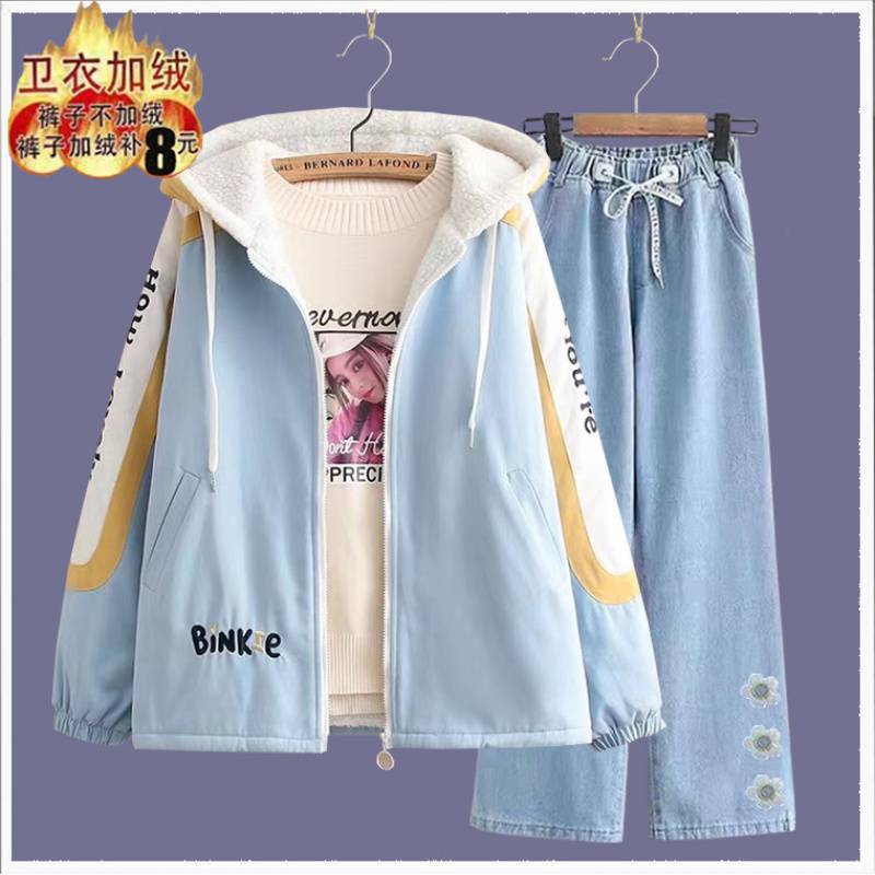 涤纶100%加绒加厚外套少女秋冬装新款初中高中学生韩版宽松两件套