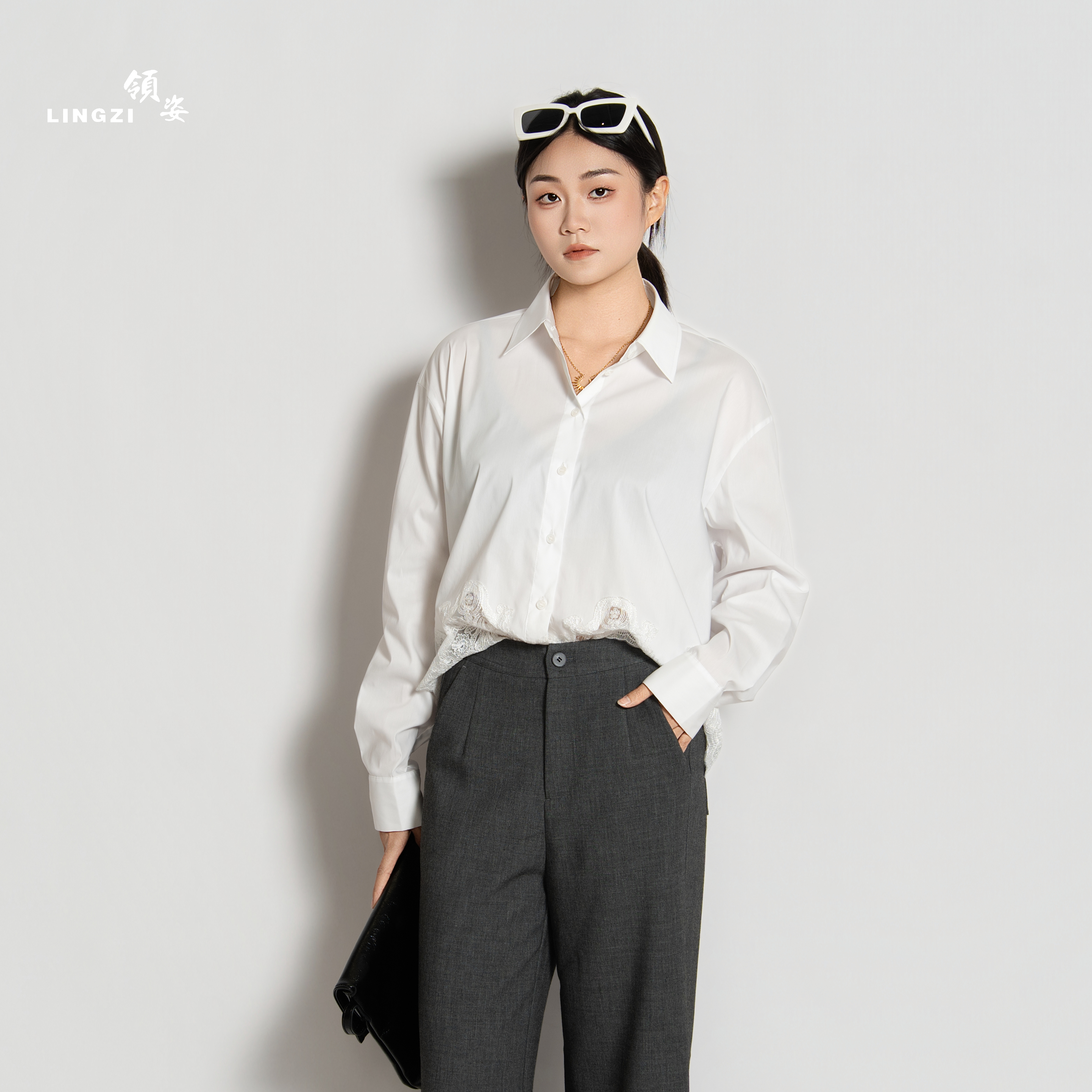 LINGZI/领姿 新款女士蕾丝提花方领短款气质长袖衬衫3129122