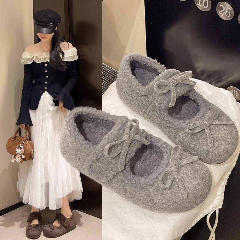 大码女鞋35-42法式蝴蝶结玛丽珍毛毛鞋女秋冬加绒保暖软底豆豆棉