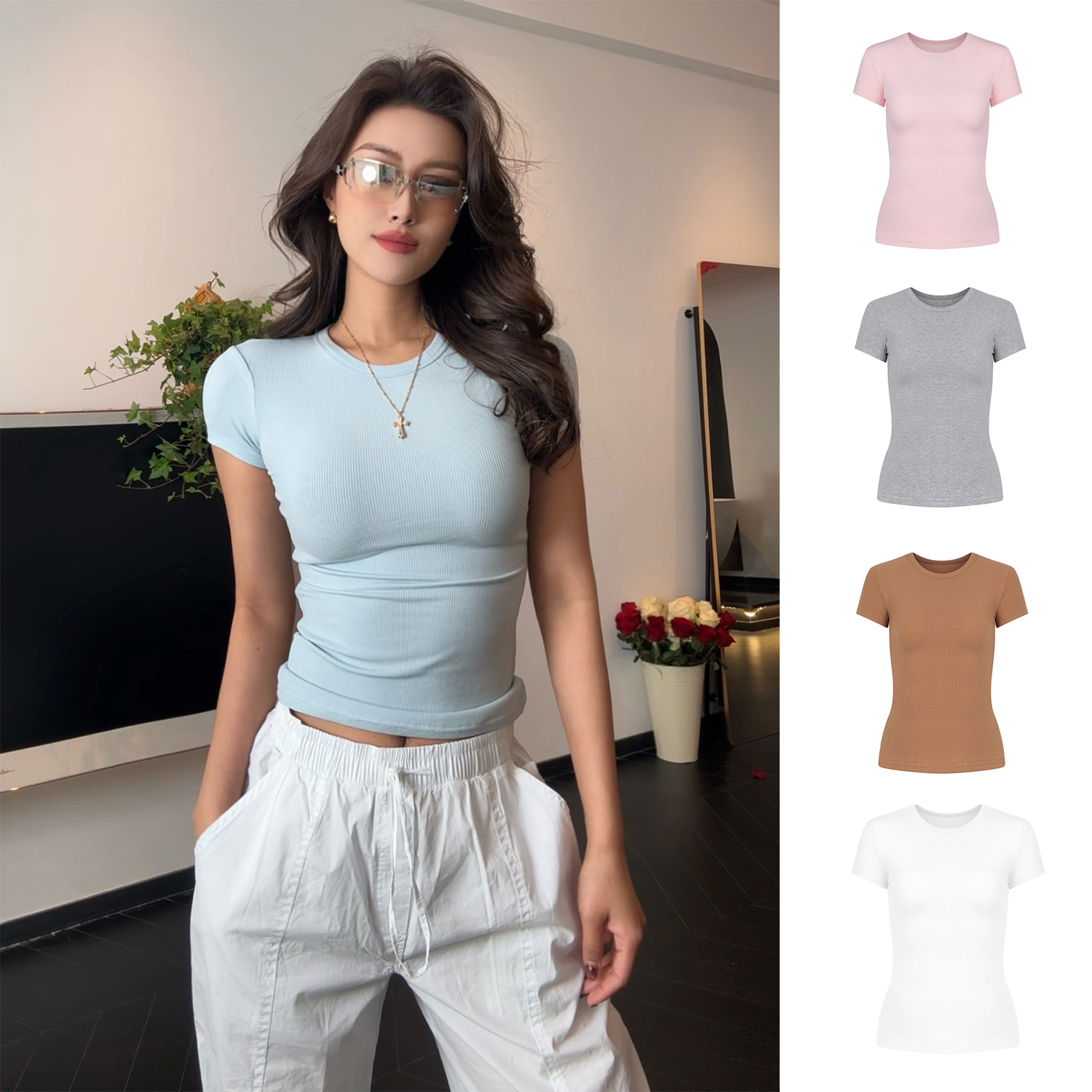 【Aliu自制】螺纹感短袖t恤性感修身圆领卡戴珊同款打底2025夏
