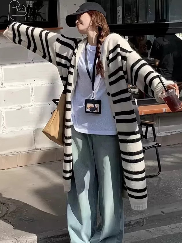 慵懒风中长款女条纹针织毛针织衫韩版休闲宽松时尚