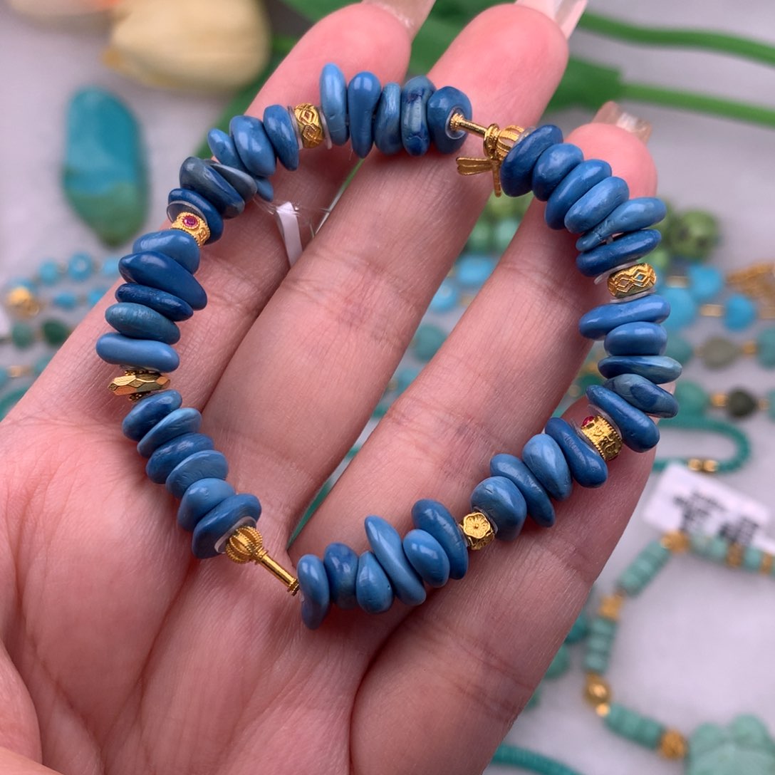 绿松石珠宝奇石未镶嵌墨水蓝藏扣手串