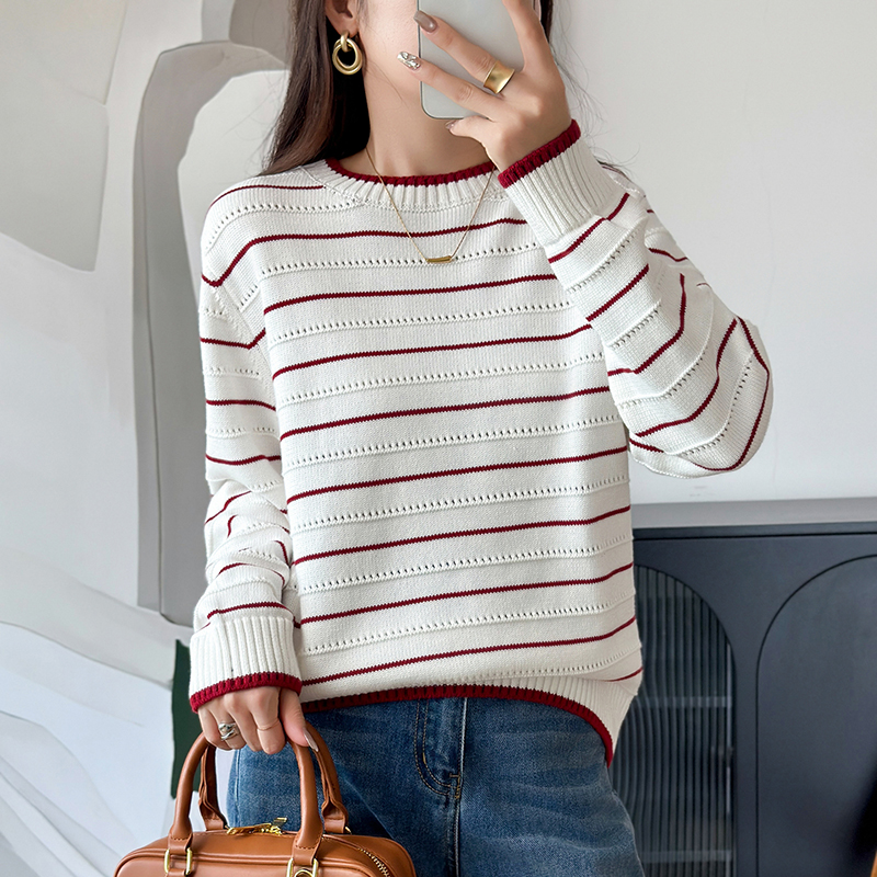 100%纯棉线针织衫圆领七针加厚镂空条纹宽松大码打底衫不起球毛衣