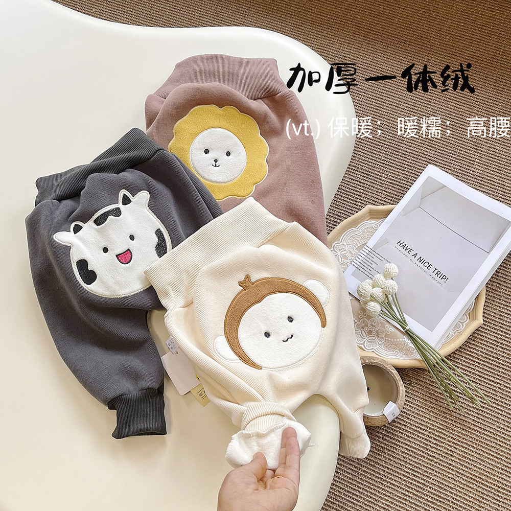 越己服饰2024秋冬韩版卡通高腰护肚童裤 宝宝保暖加绒加厚大pp裤