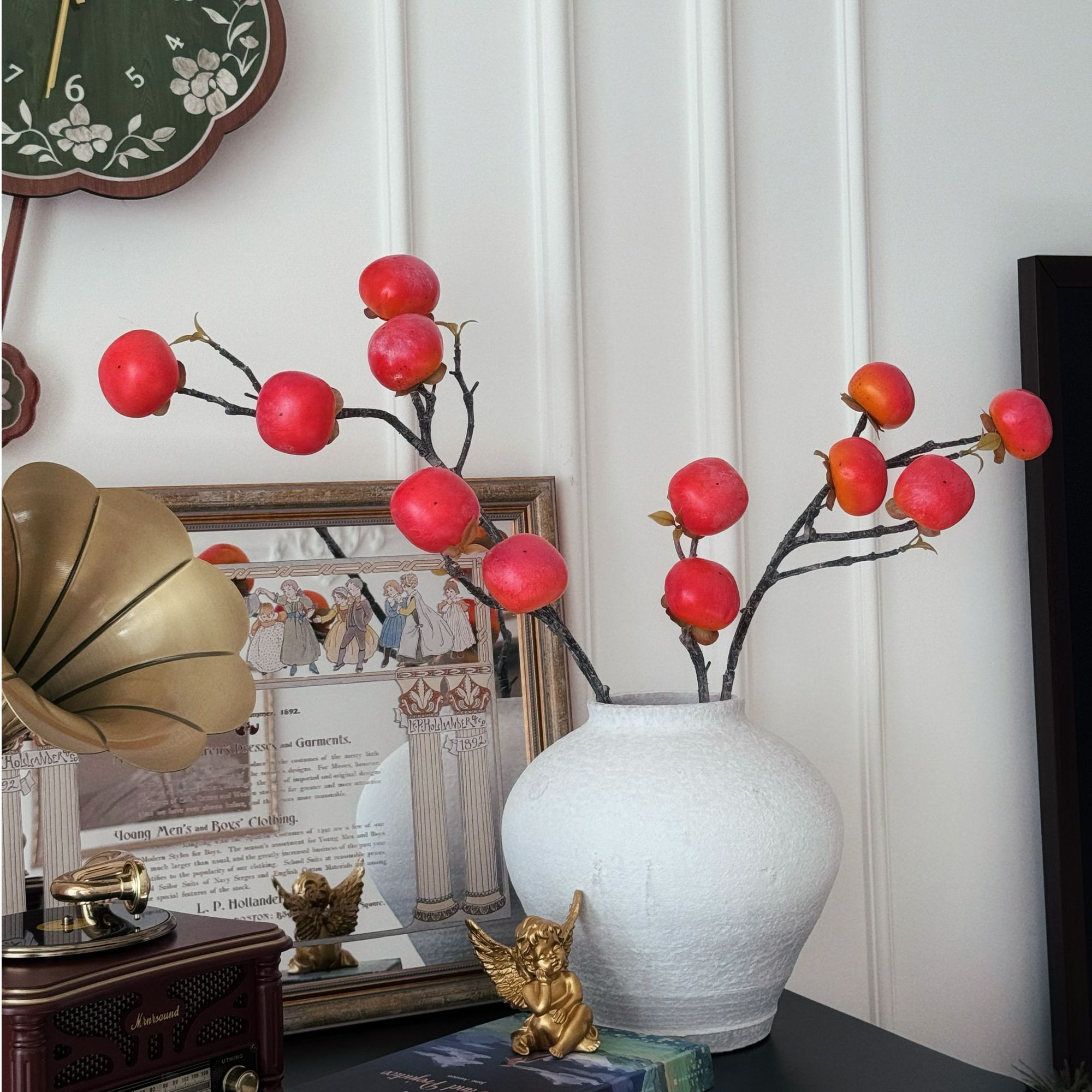 掬涵仿真花柿子果实树枝摆件柿柿如意干花假花客厅插花餐桌装【荐】