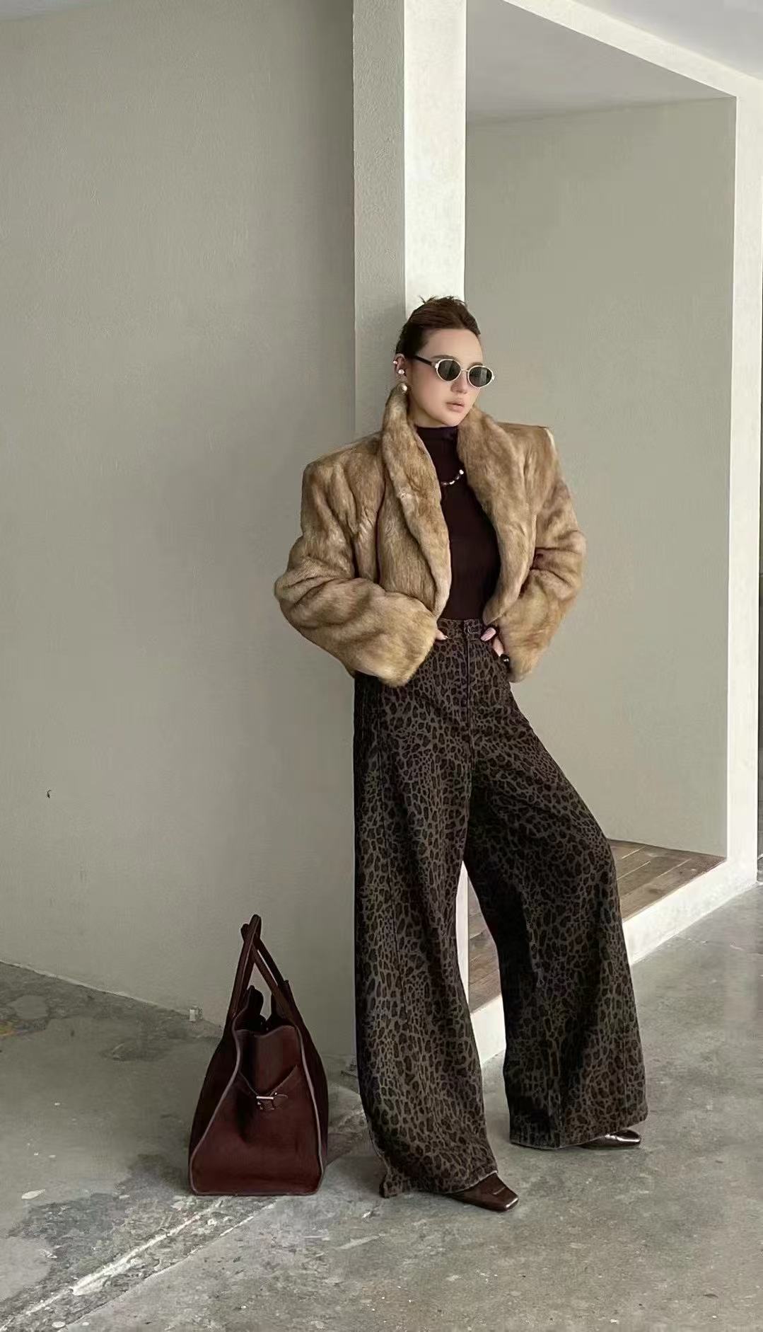 【2222】壹#高腰磨毛豹纹宽松牛仔裤