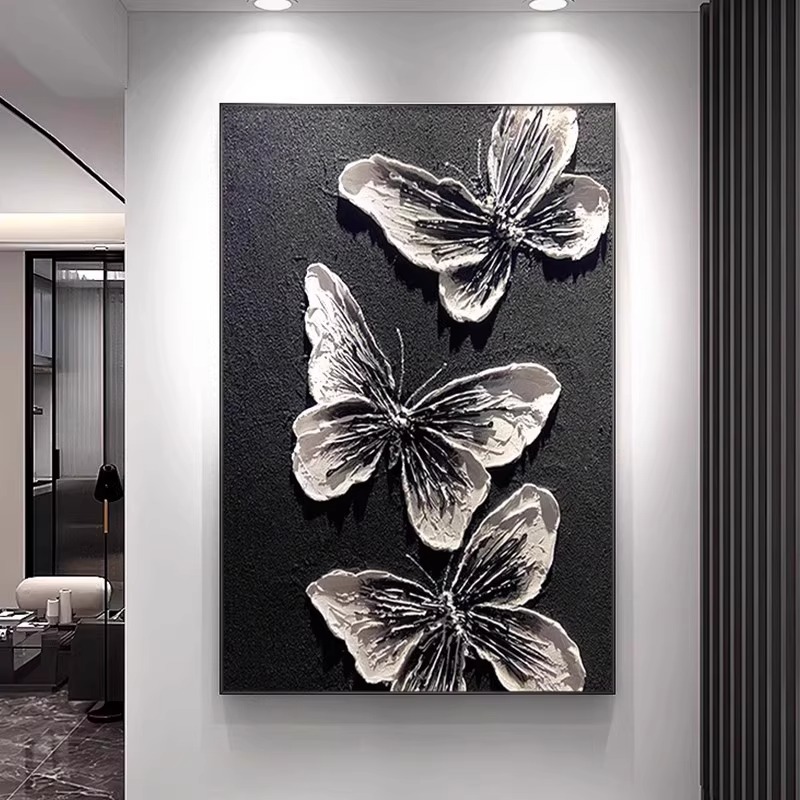 《蝶恋》手工砂岩黑白蝴蝶抽象油画装饰画客厅玄关立体挂画轻奢质感