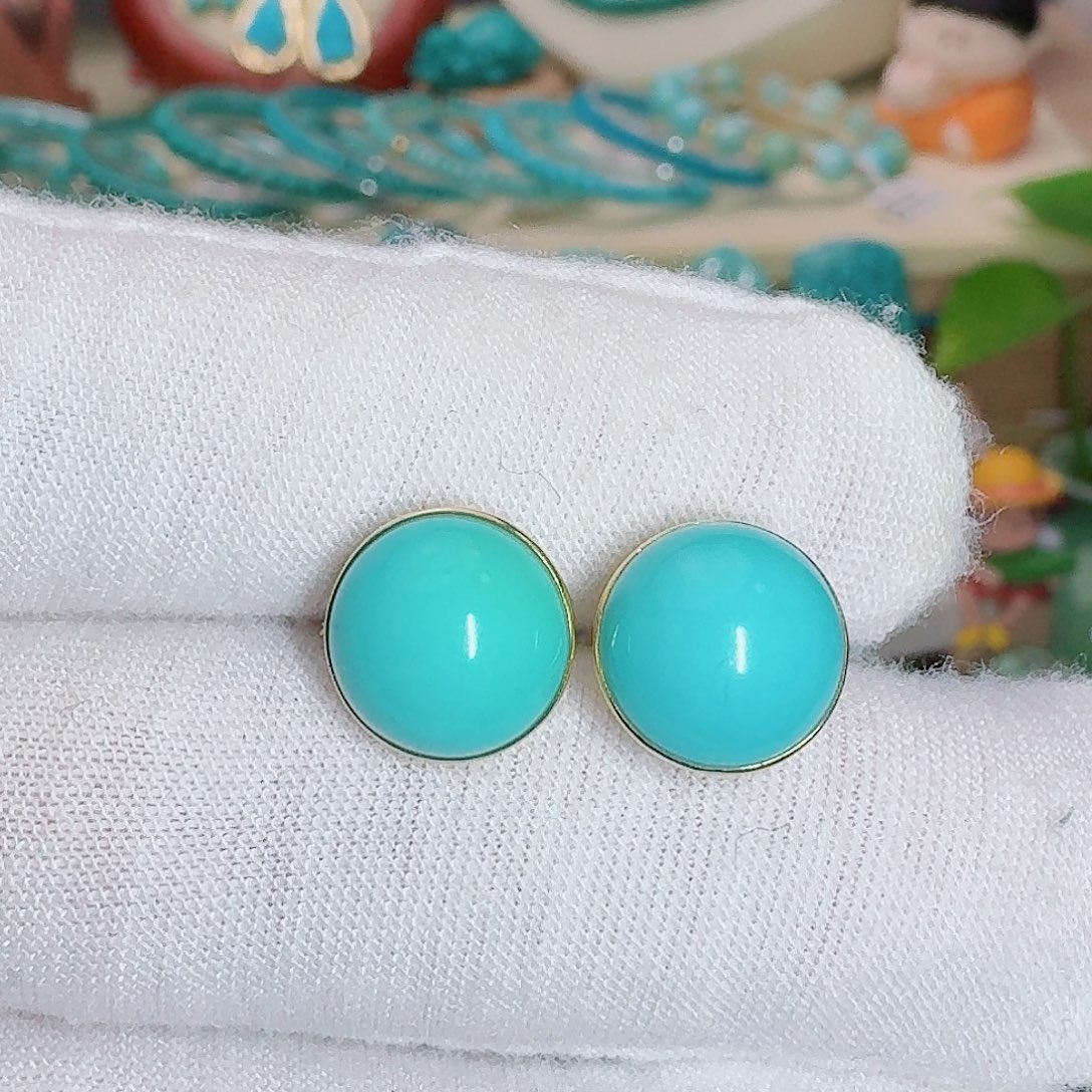 绿松石18K金镶嵌珠宝奇石简约饱满耳钉