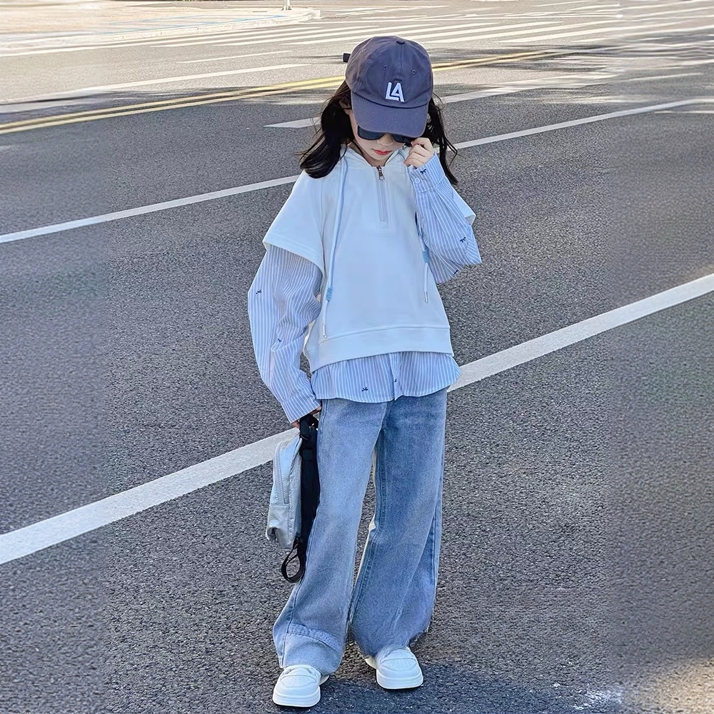 女童连帽卫衣春装2025新款中大儿童春秋套头帽衫上衣假两件打底衫