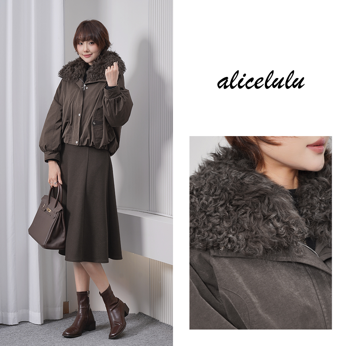 alicelulu 巴恩风.卷毛领派克服时尚羽绒短外套 S2145568Vr
