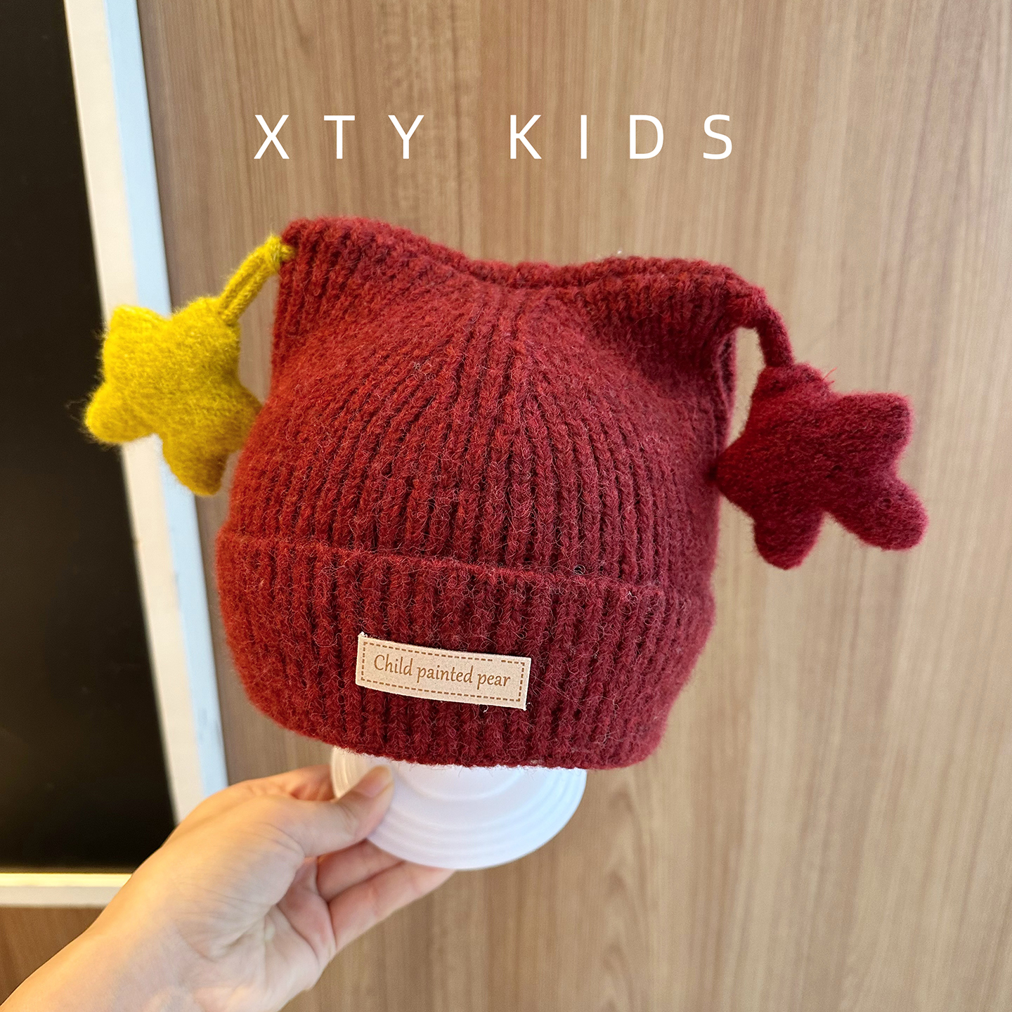 韩版儿童帽子冬季可爱星星套头帽红色加绒保暖男女小孩宝宝护耳帽