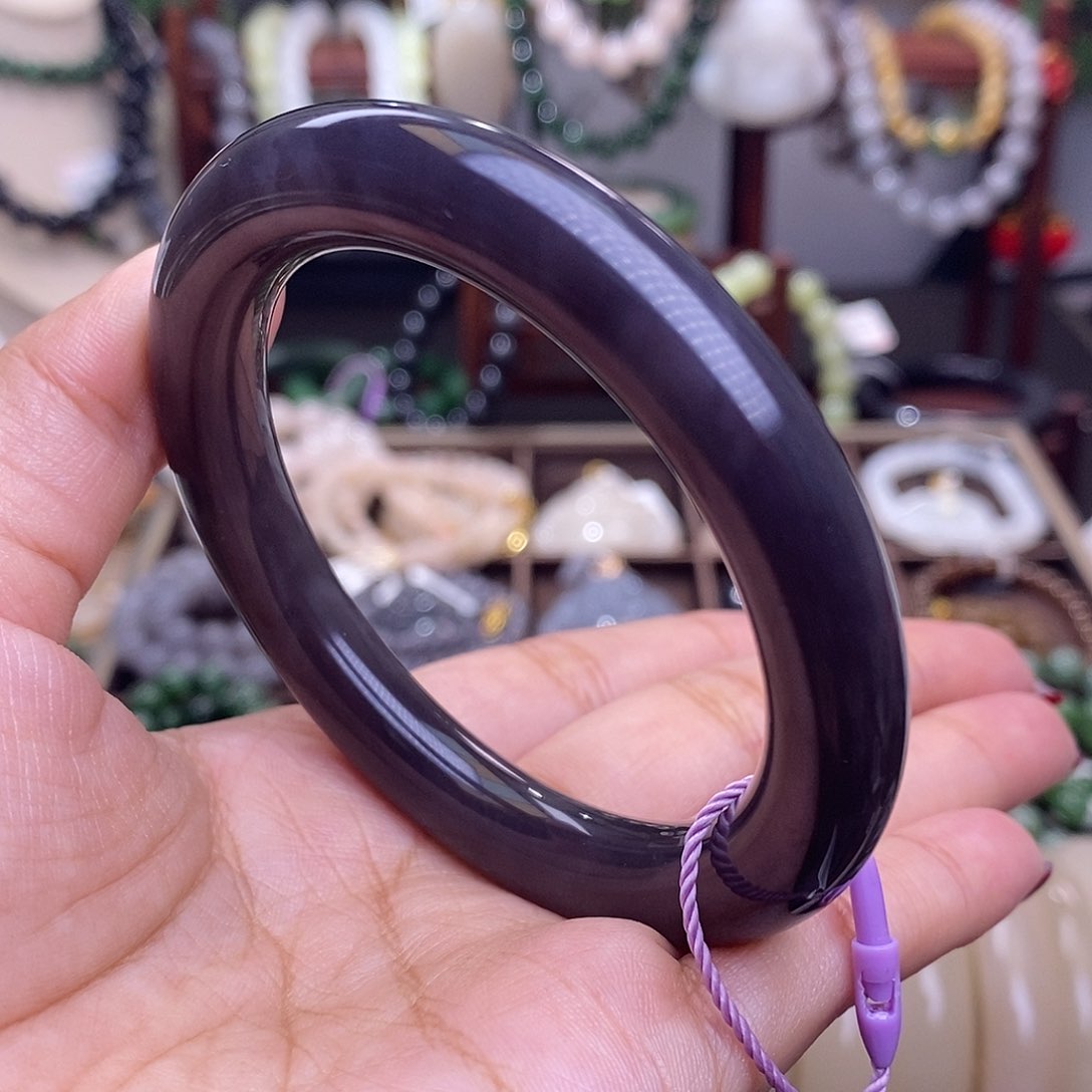 和田玉毕业级老矿料浓烟紫帝王紫圆条手镯55.3未镶嵌