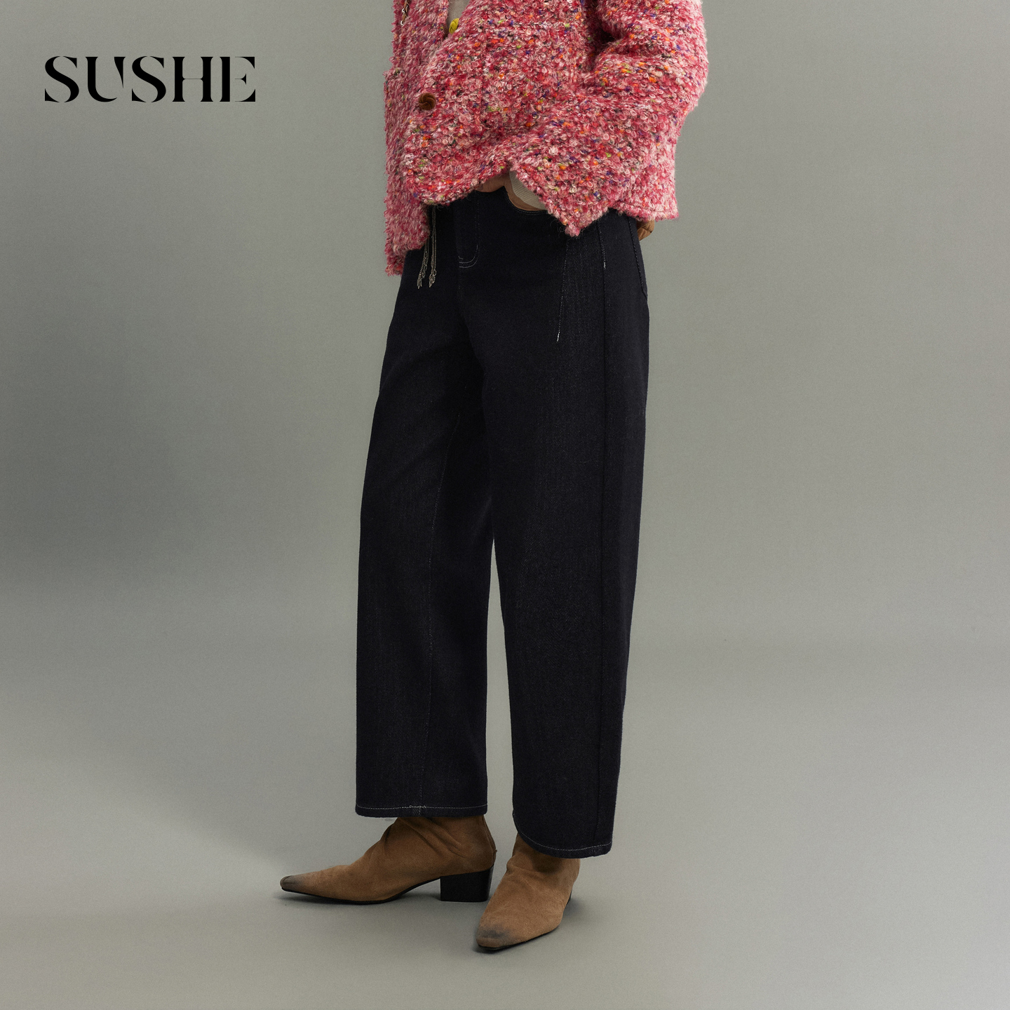 束皙SUSHE 砾川 复古丹宁 做旧水洗精梳棉高腰显瘦挺阔直筒牛仔裤