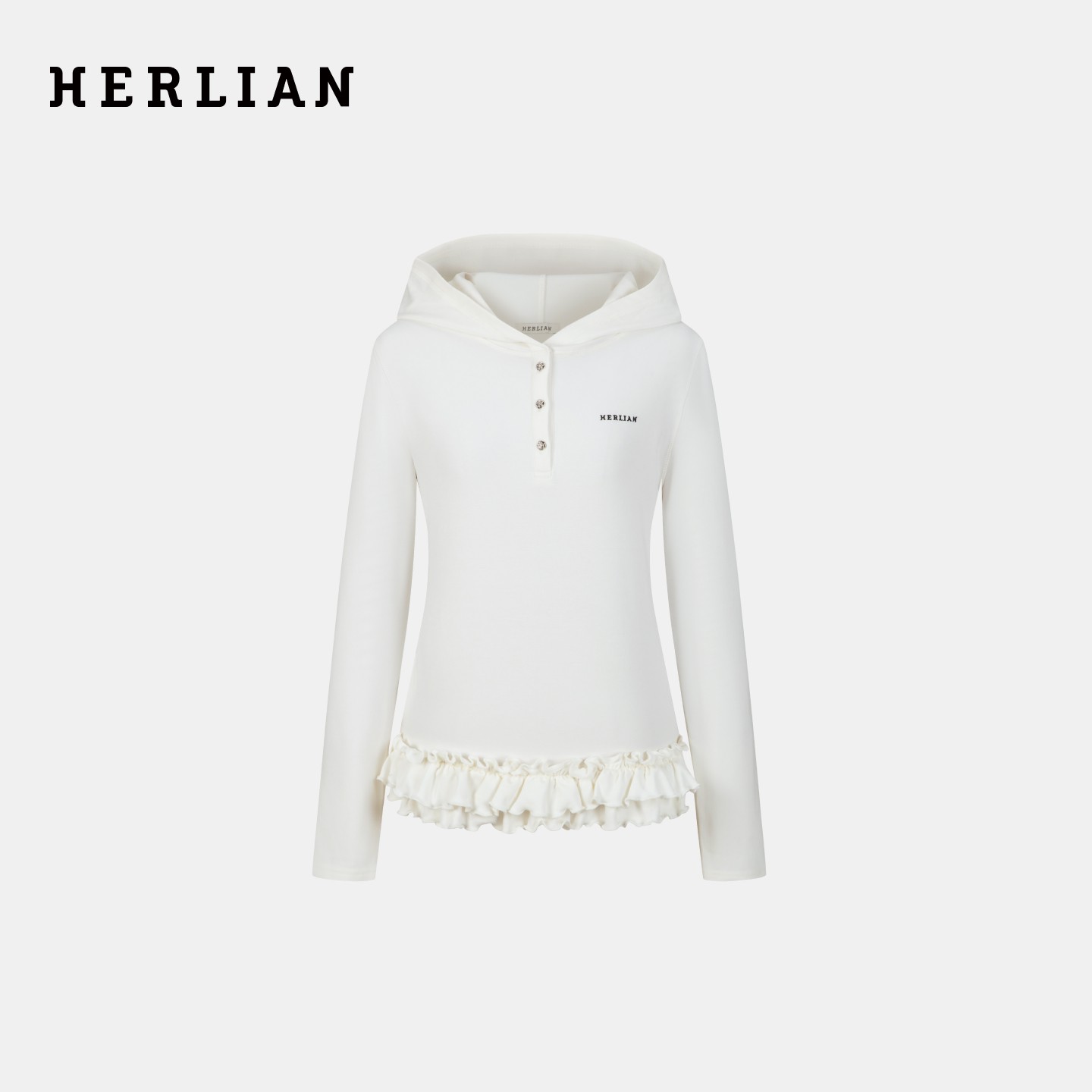 Herlian 2025冬季新品 下摆荷叶边连帽Polo打底衫女士