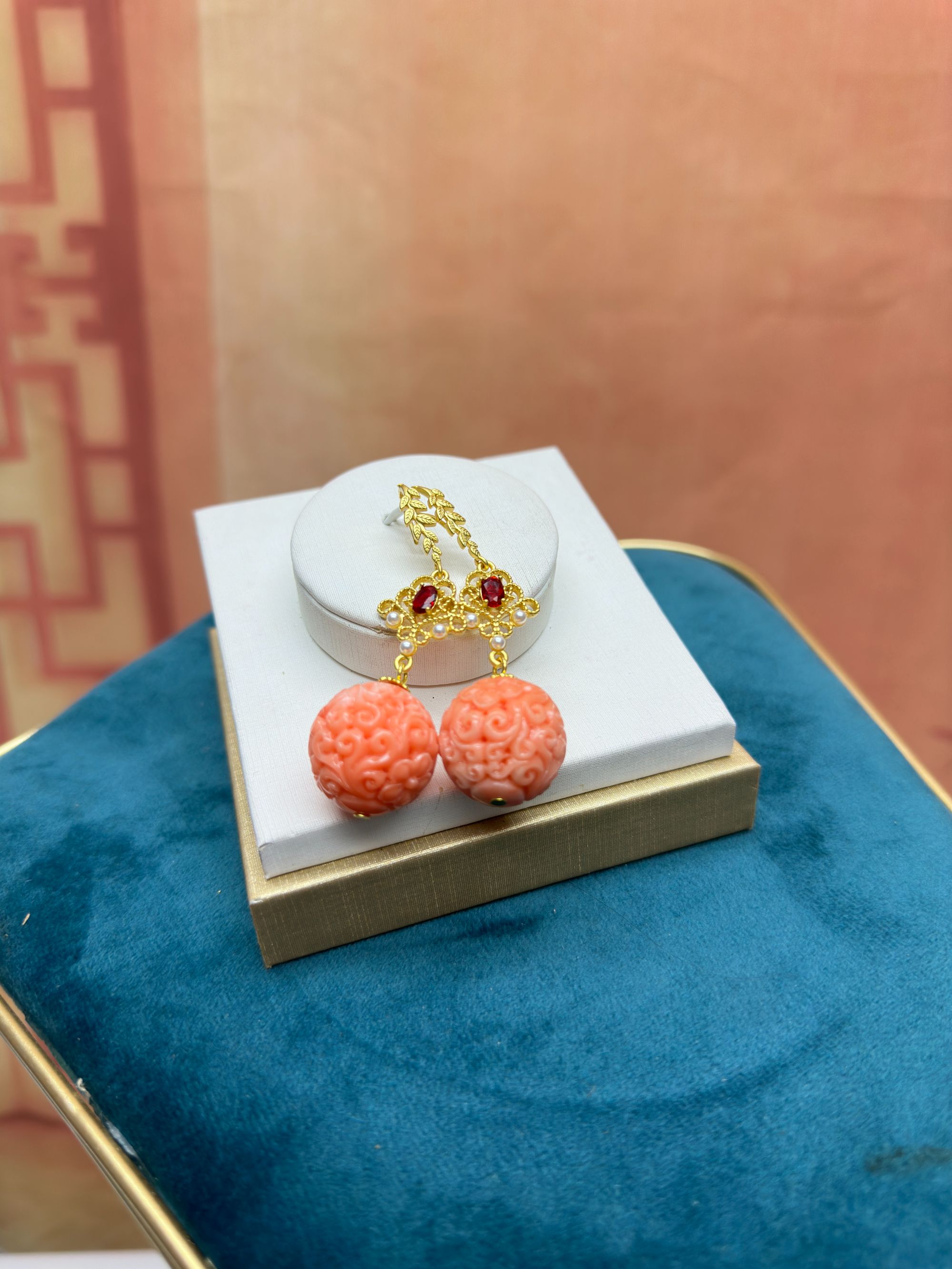 【沐言严选】凤凰粉圆珠雕刻回纹20m耳饰A418