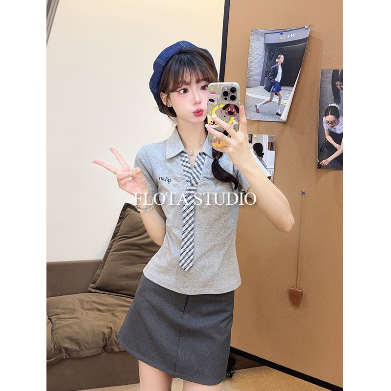 【flota】polo领韩系学院风领带短袖T恤女收腰减龄百搭上衣2224