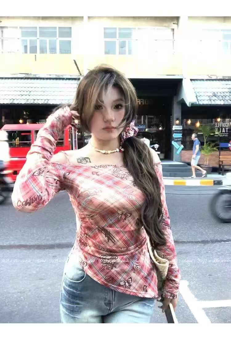 淼淼家长袖常规款印花纯欲风甜辣T恤春季修身百搭内搭ins针织扎染