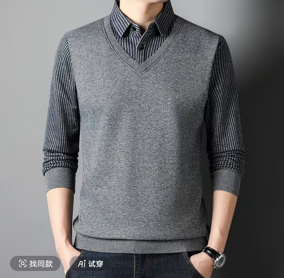 周末男士加绒加厚毛衣新款保暖打底衫假两件衬衣领休闲针织衫