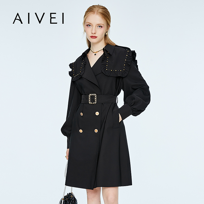 AIVEI欣贺艾薇2022年秋季钉珠木耳边收腰chic女风衣外套P0560229