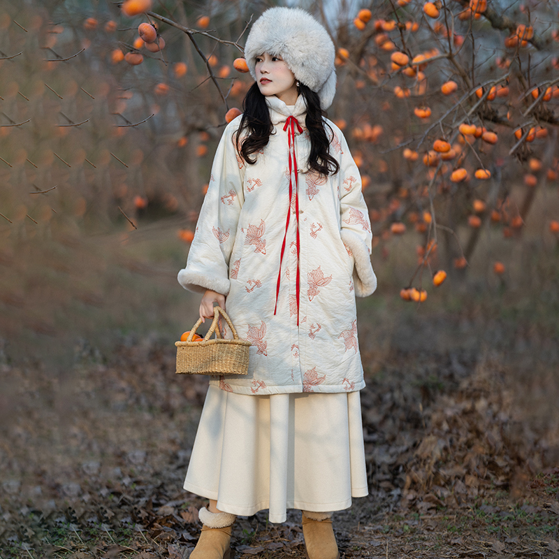 清900【浮沉锦鲤】复古轻国风锦鲤刺绣绗棉外套毛呢半身裙女冬季