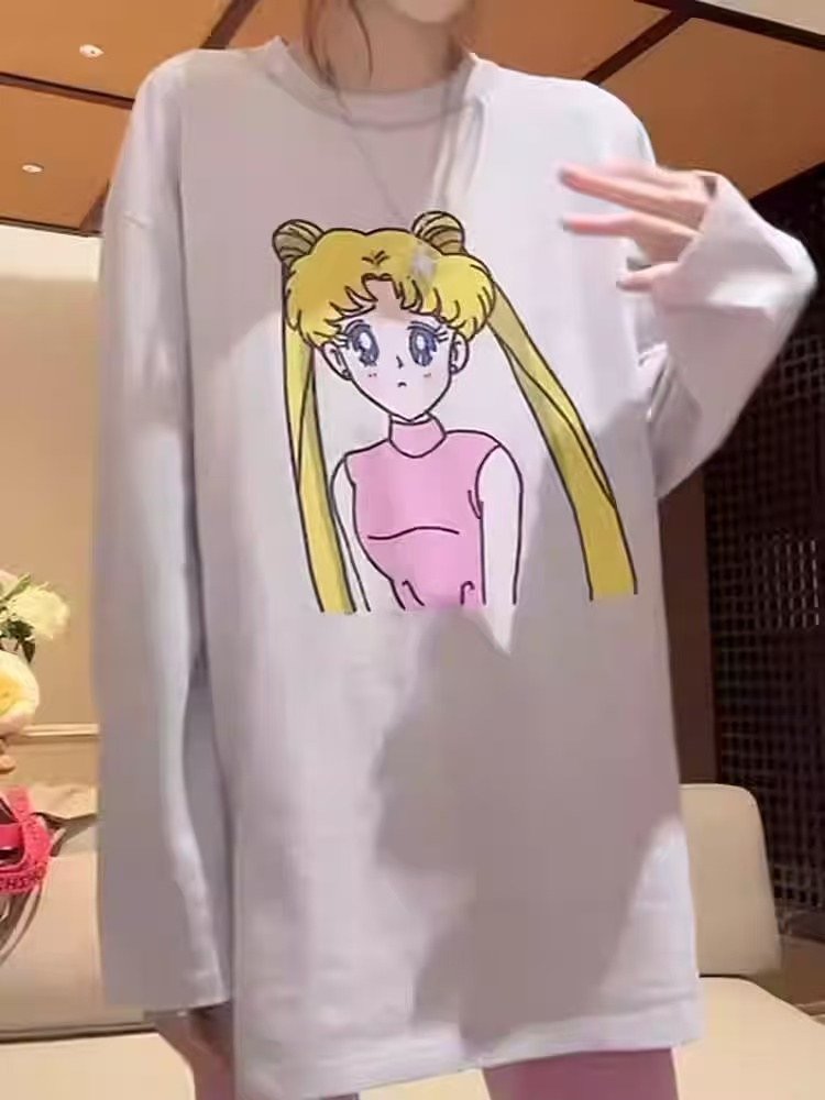 『PEACHZHMO』美少女卡通印花宽松圆领廓型长袖美式休闲趣味减龄T恤