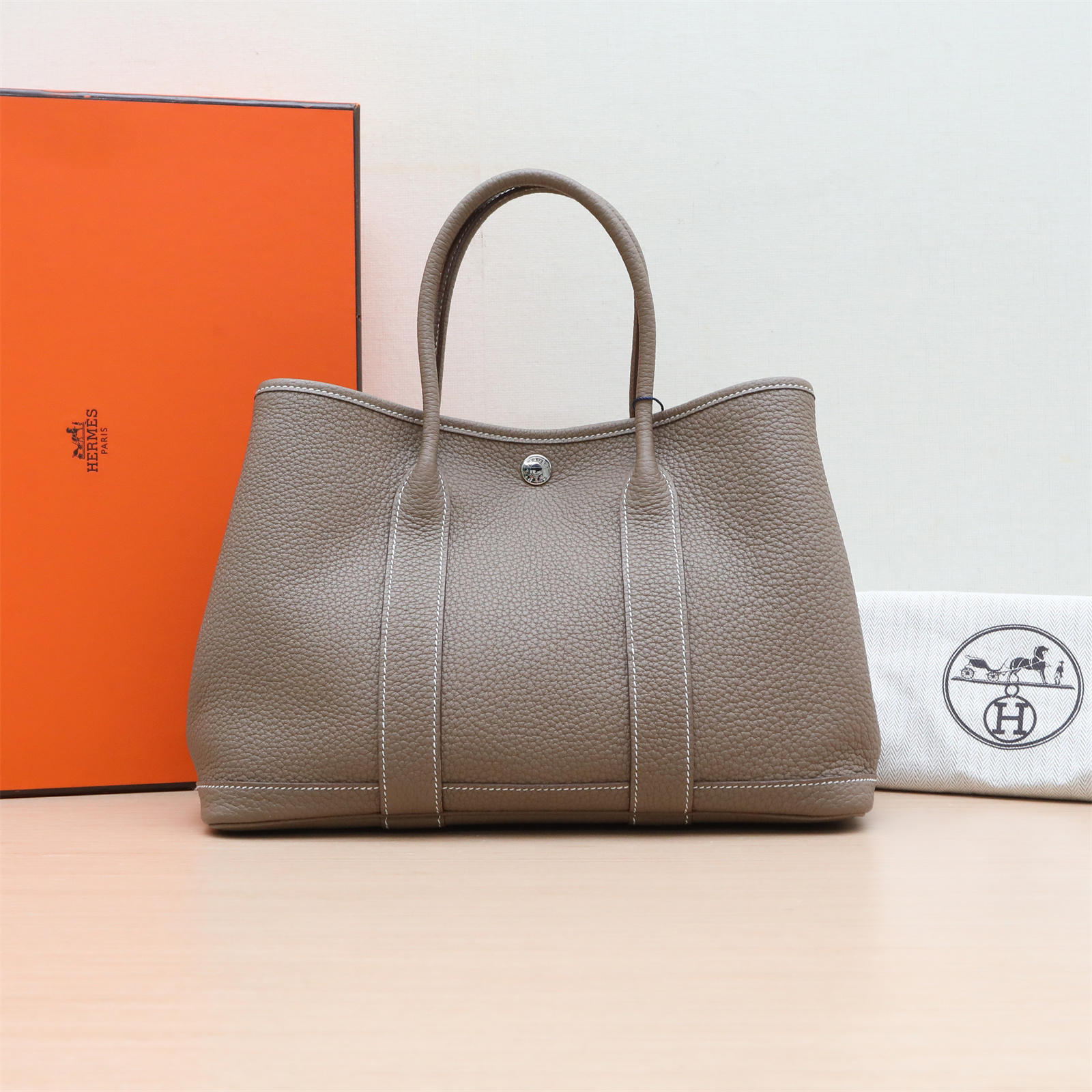 99新 Hermes/爱马仕 【小花Han】花园包 30 大象灰 NEG皮U刻 银扣