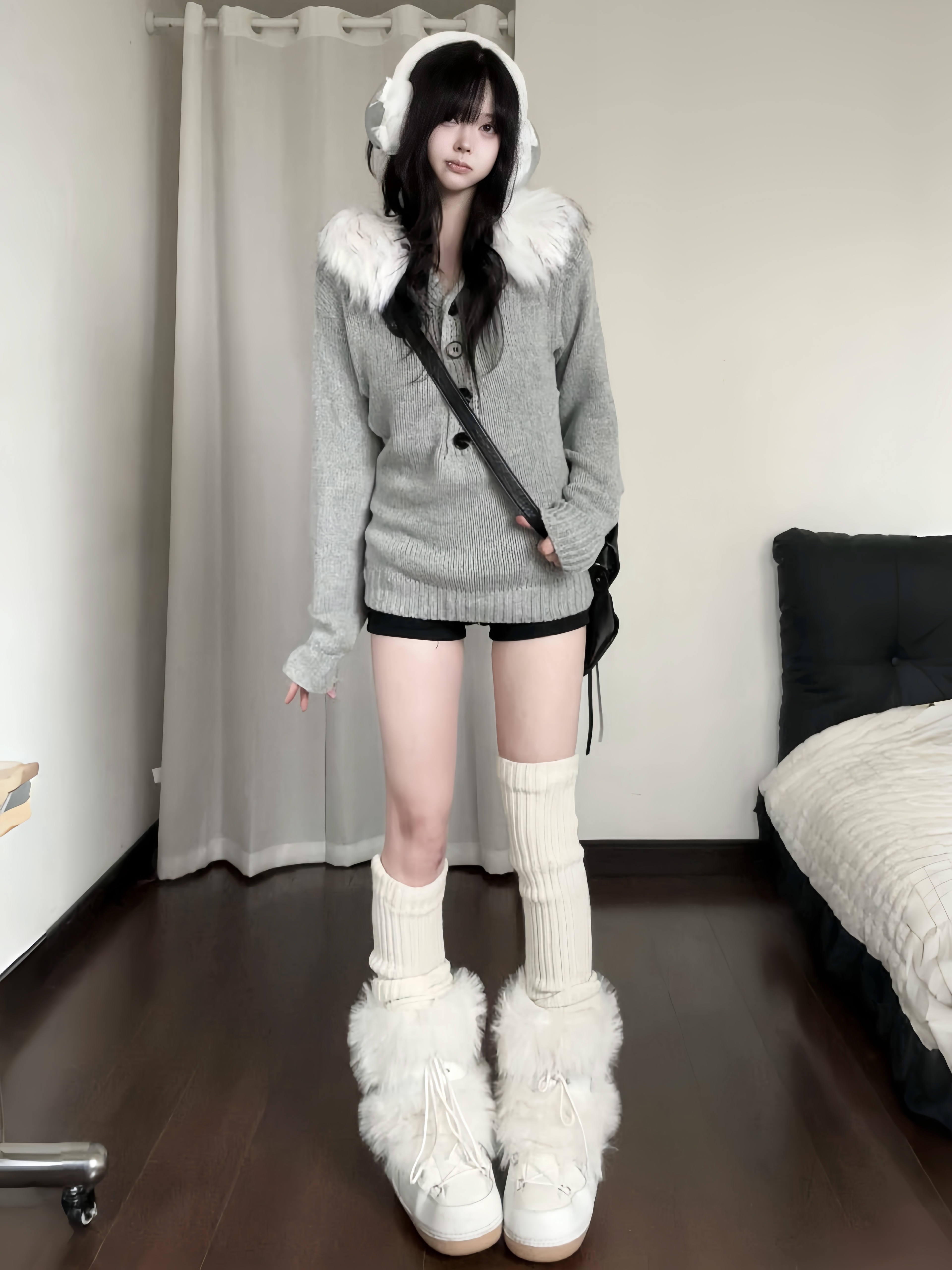 辣妹风复古毛领亨利领毛衣女秋季长袖韩系收腰灰色连帽针织衫上衣