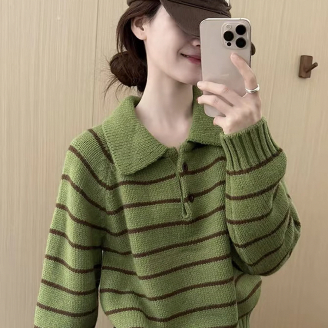 Polo领绿条毛针织衫通勤百搭条纹针织复古秋冬po套头翻领女款毛衣
