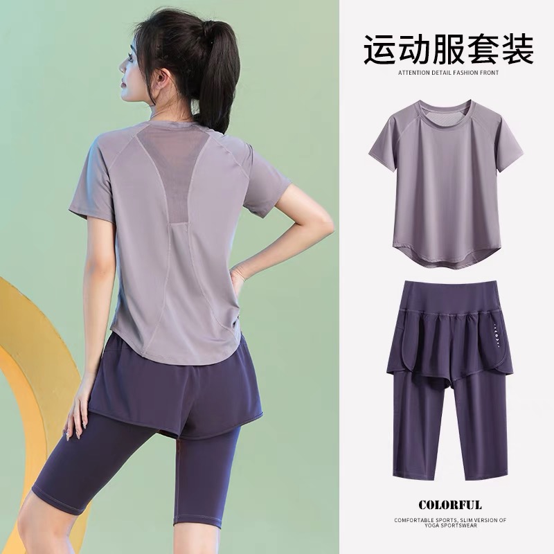 薄款户外运动套装女健身宽松显瘦瑜伽服短袖弹力速干衣运动上衣