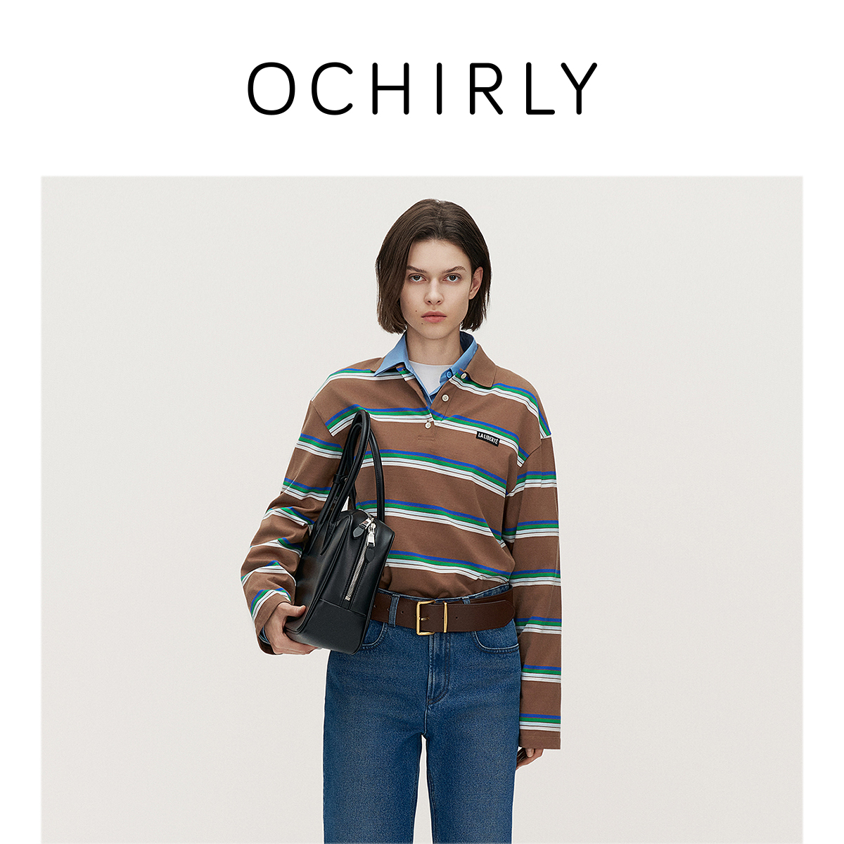 OCHIRLY欧时力 100%棉条纹Polo领t恤女中长宽松复古2024秋冬新品