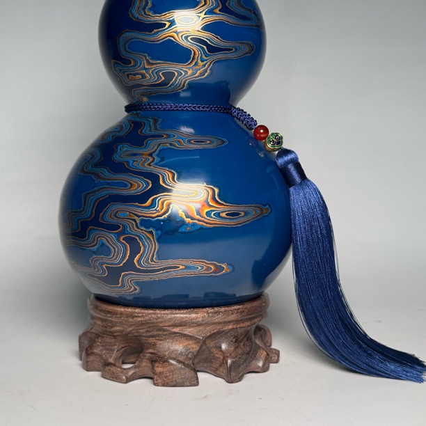 非遗大漆葫芦蓝金云纹漆器葫芦摆件無漆不器手作文玩摆件