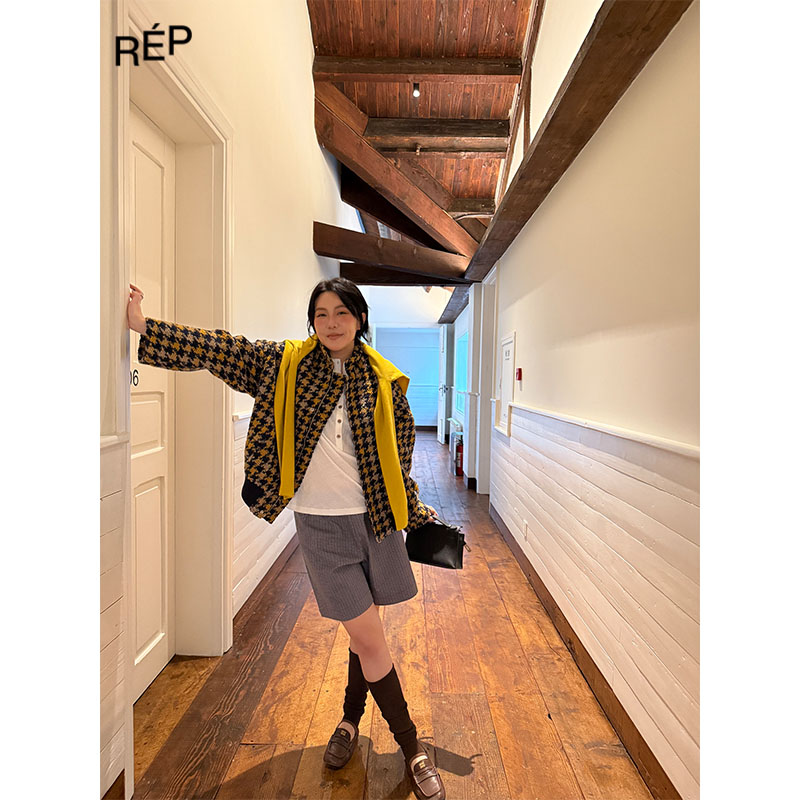  REP-Aether haze设计师品牌藏青格纹翻领短款外套 25FW新品女装