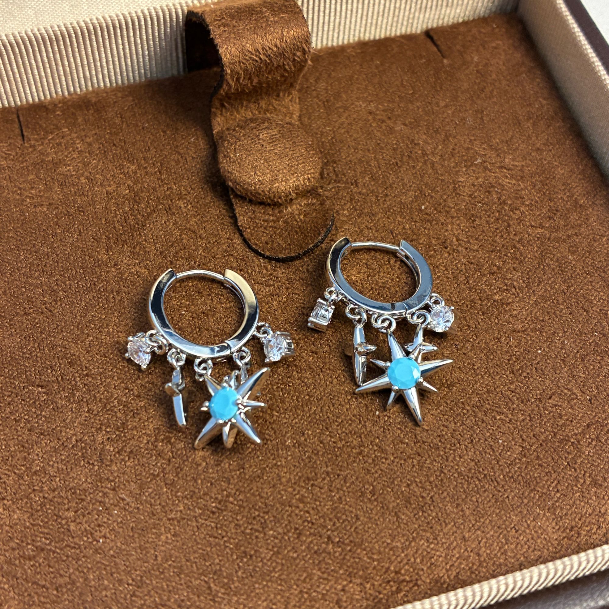 铜合金锆石耳饰 1002号镀K金925银针蓝色芒星耳扣流苏