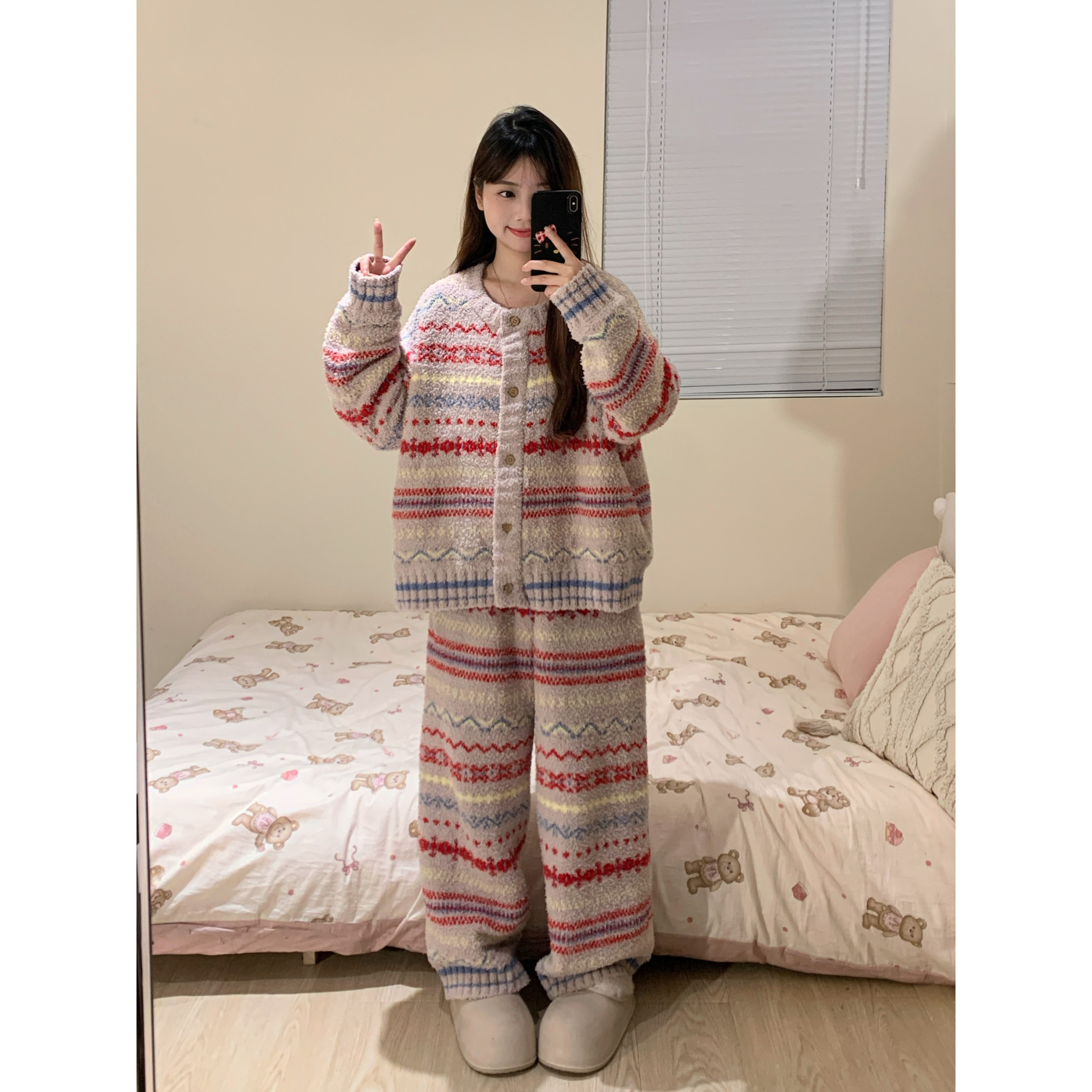 韩系高级感气质开衫半边绒睡衣女冬款新款加厚保暖家居服大码套装