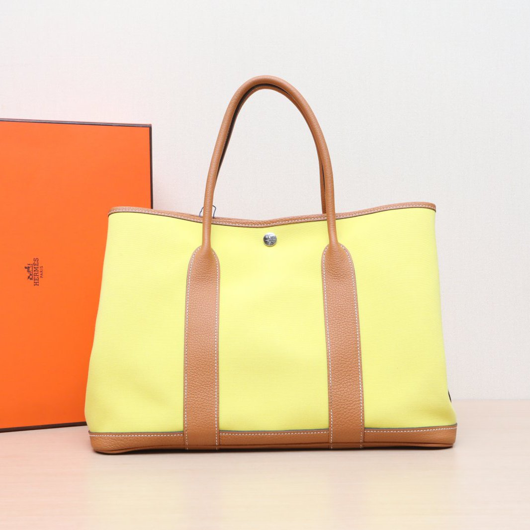 95新 Hermes/爱马仕 小花双双 花园包 36 柠檬黄 帆布 X刻 银扣 
