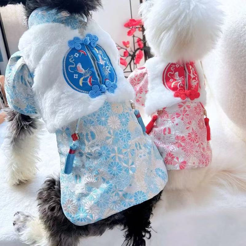 宠物新年唐装加绒旗袍式保暖背心小型犬泰迪中式衣服猫咪流苏冬装