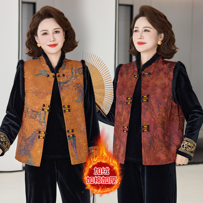 中老年高档气质妈妈加绒加厚三件套妈妈套装50-60岁高档套装秋冬